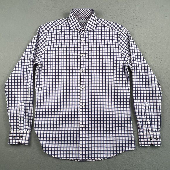 Duchamp Tailored Fit Collared Blue Pink Plaid Long Sleeve Dress Shirt 15.5 - Picture 1 of 16